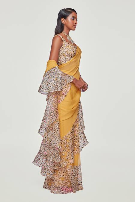 Aisha Rao Yellow Organza, Georgette Floral Sweetheart Neck Print Ruffle Saree With Blouse Online at Aza Fashions Aisha Rao_Yellow Organza, Georgette Floral Sweetheart Neck Print Ruffle Saree With Blouse _Online_at_Aza_Fashions