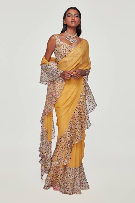 Buy Aisha Rao Yellow Organza, Georgette Floral Sweetheart Neck Print Ruffle Saree With Blouse Online at Aza Fashions Buy_Aisha Rao_Yellow Organza, Georgette Floral Sweetheart Neck Print Ruffle Saree With Blouse _Online_at_Aza_Fashions