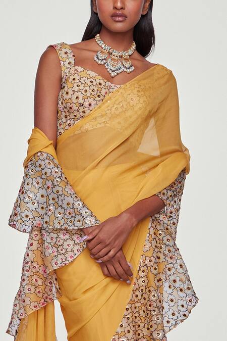 Aisha Rao Yellow Organza, Georgette Floral Sweetheart Neck Print Ruffle Saree With Blouse at Aza Fashions Aisha Rao_Yellow Organza, Georgette Floral Sweetheart Neck Print Ruffle Saree With Blouse _at_Aza_Fashions