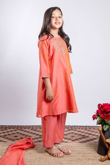 BOTEH_Orange Silk, Cotton, Embroidery Kurta Set _Online_at_Aza_Fashions