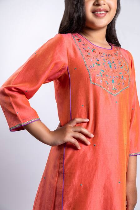 Buy_BOTEH_Orange Silk, Cotton, Embroidery Kurta Set _Online_at_Aza_Fashions