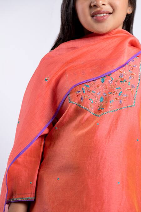 Shop_BOTEH_Orange Silk, Cotton, Embroidery Kurta Set _Online_at_Aza_Fashions