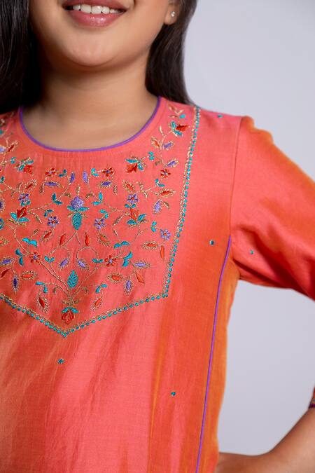 BOTEH_Orange Silk, Cotton, Embroidery Kurta Set _at_Aza_Fashions