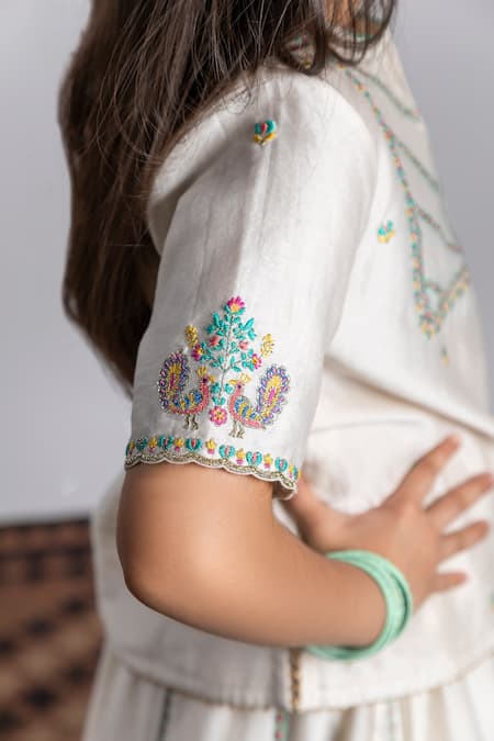 Buy_BOTEH_Ivory Chanderi Silk, Cotton Tassels, Embroidery Peacock Lehenga Set _Online_at_Aza_Fashions