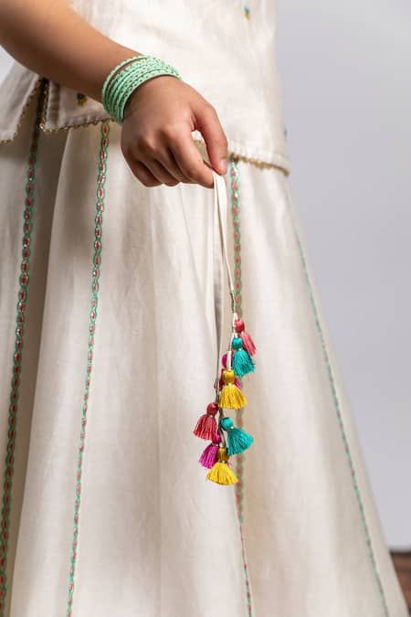 Shop_BOTEH_Ivory Chanderi Silk, Cotton Tassels, Embroidery Peacock Lehenga Set _Online_at_Aza_Fashions
