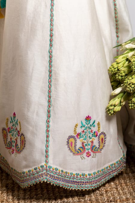 BOTEH_Ivory Chanderi Silk, Cotton Tassels, Embroidery Peacock Lehenga Set _at_Aza_Fashions