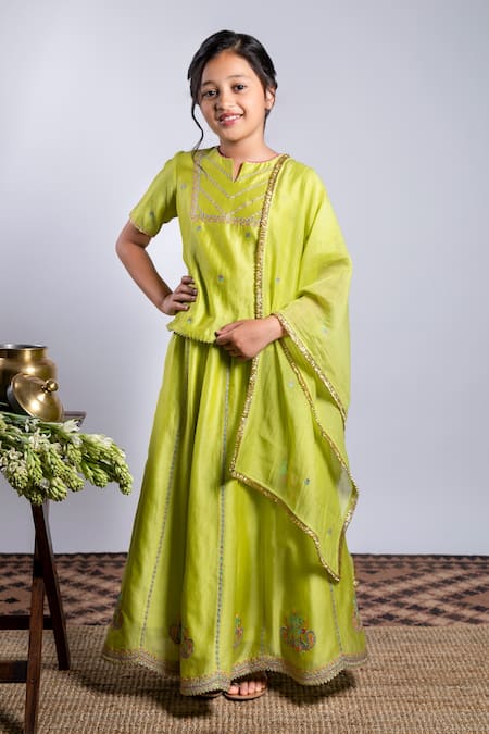 Boteh Green Chanderi Silk Embroidery Peacock Lehenga Set For Girls