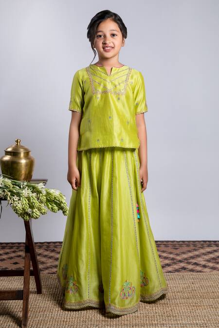 BOTEH Green Chanderi Silk, Cotton Embroidery Peacock Lehenga Set Online at Aza Fashions BOTEH_Green Chanderi Silk, Cotton Embroidery Peacock Lehenga Set _Online_at_Aza_Fashions