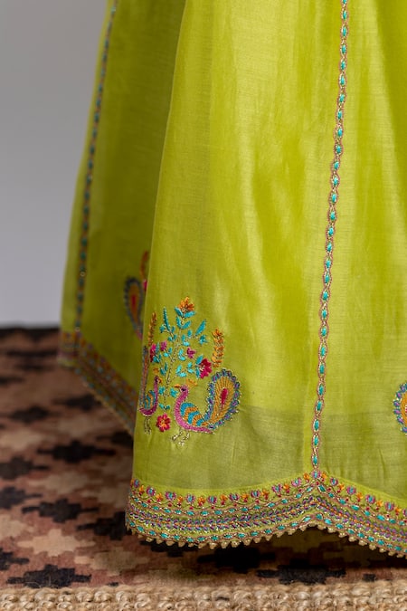 Shop BOTEH Green Chanderi Silk, Cotton Embroidery Peacock Lehenga Set Online at Aza Fashions Shop_BOTEH_Green Chanderi Silk, Cotton Embroidery Peacock Lehenga Set _Online_at_Aza_Fashions