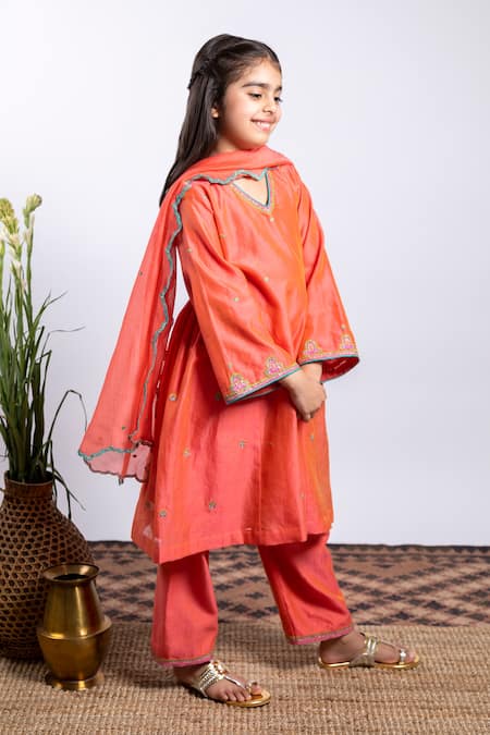 BOTEH_Orange Chanderi Silk, Cotton Embroidery Kurta Set _Online_at_Aza_Fashions