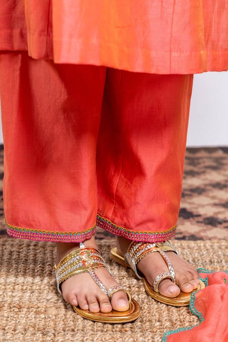 Buy_BOTEH_Orange Chanderi Silk, Cotton Embroidery Kurta Set _Online_at_Aza_Fashions