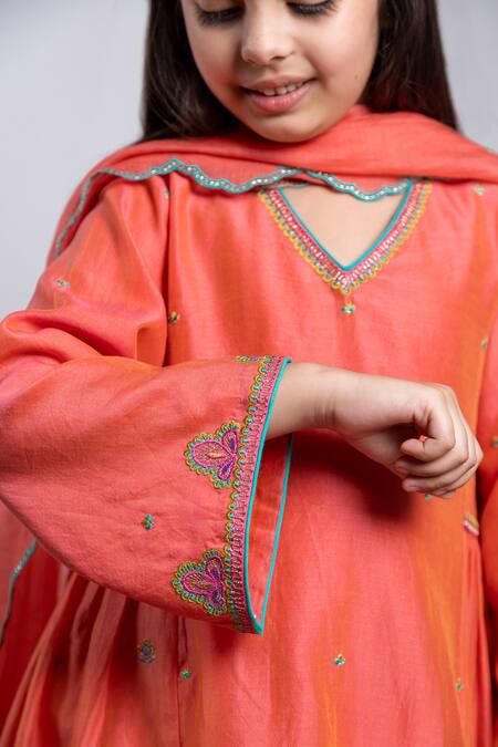 Shop_BOTEH_Orange Chanderi Silk, Cotton Embroidery Kurta Set _Online_at_Aza_Fashions