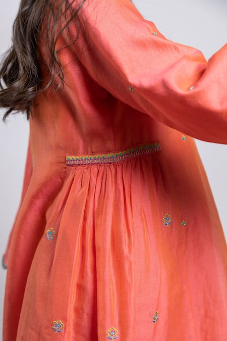BOTEH_Orange Chanderi Silk, Cotton Embroidery Kurta Set _at_Aza_Fashions