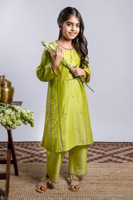 Buy_Boteh_Green Chanderi Silk, Cotton Embroidery Floral Anarkali Set _Online_at_Aza_Fashions