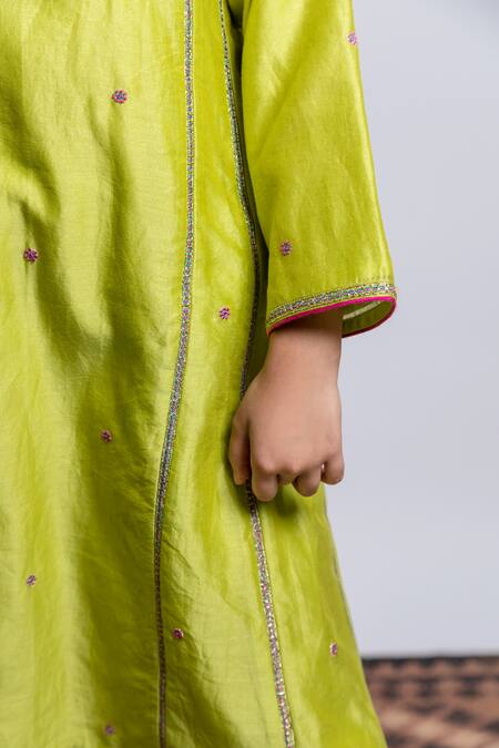 Shop_Boteh_Green Chanderi Silk, Cotton Embroidery Floral Anarkali Set _Online_at_Aza_Fashions