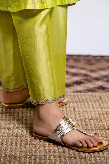 Boteh_Green Chanderi Silk, Cotton Embroidery Floral Anarkali Set _at_Aza_Fashions