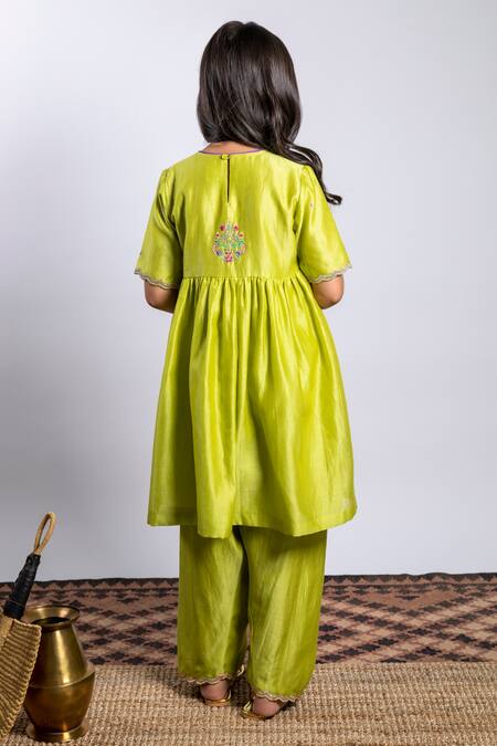 Shop_Boteh_Green Chanderi Silk, Cotton Embroidery Anarkali Set _at_Aza_Fashions