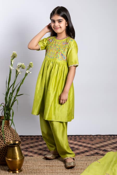 Boteh_Green Chanderi Silk, Cotton Embroidery Anarkali Set _Online_at_Aza_Fashions