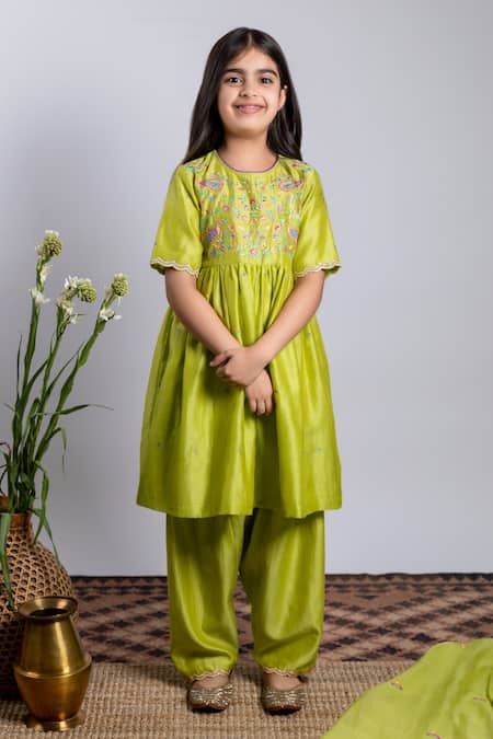 Buy_Boteh_Green Chanderi Silk, Cotton Embroidery Anarkali Set _Online_at_Aza_Fashions