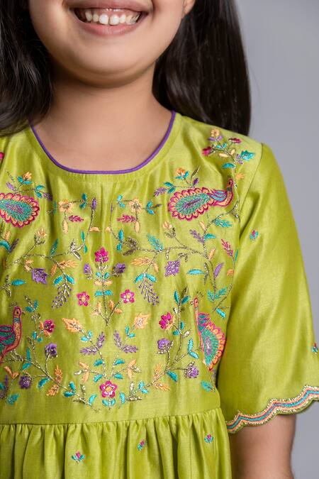 Boteh_Green Chanderi Silk, Cotton Embroidery Anarkali Set _at_Aza_Fashions