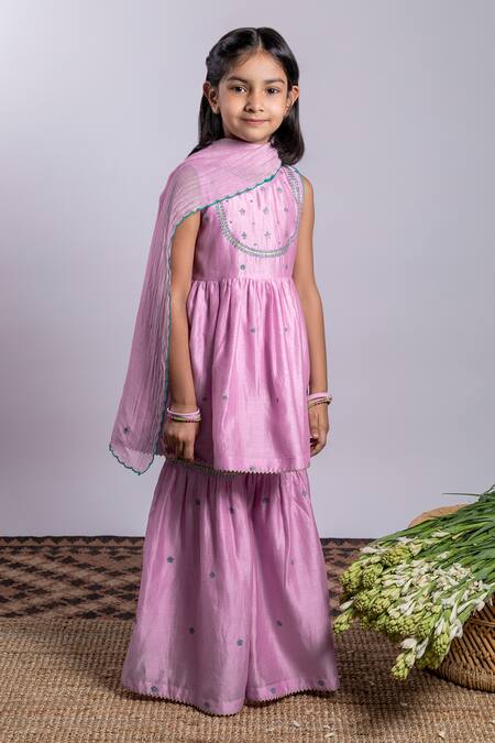 Boteh_Purple Chanderi Silk, Cotton Embroidery Kurta Sharara Set _Online_at_Aza_Fashions