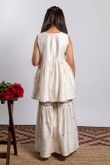 Shop_Boteh_Ivory Chanderi Silk, Cotton Embroidery Kurta Sharara Set _at_Aza_Fashions