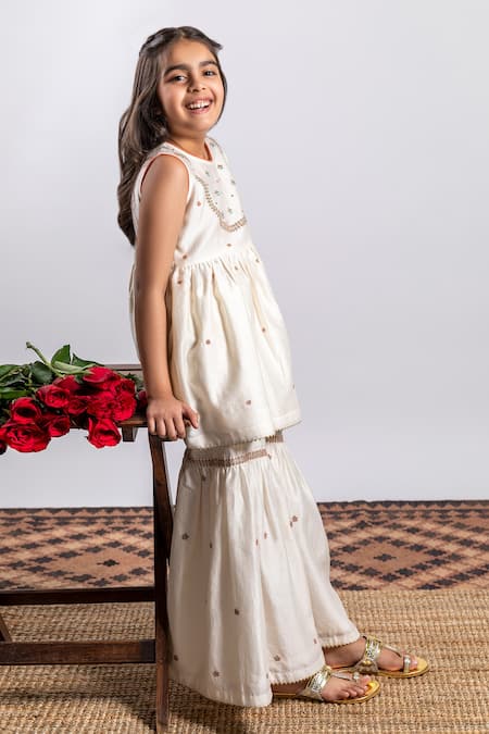Boteh_Ivory Chanderi Silk, Cotton Embroidery Kurta Sharara Set _Online_at_Aza_Fashions