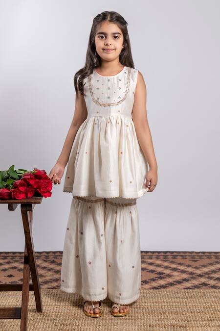 Buy_Boteh_Ivory Chanderi Silk, Cotton Embroidery Kurta Sharara Set _Online_at_Aza_Fashions