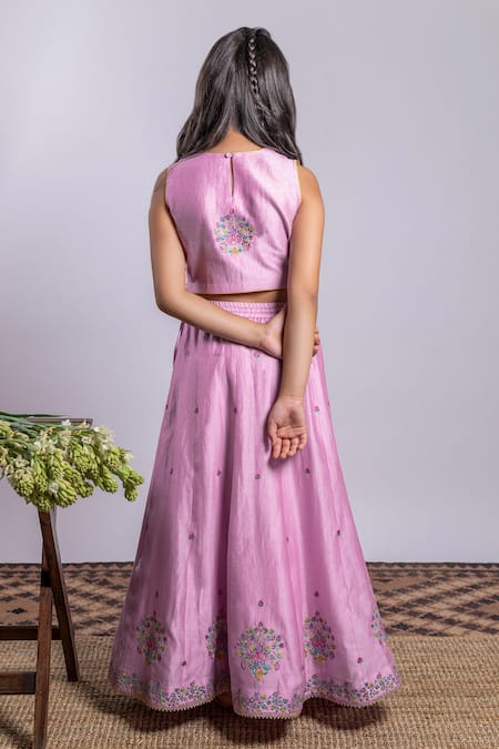 Shop_Boteh_Purple Chanderi Silk, Cotton Embroidery Floral Lehenga Set _at_Aza_Fashions