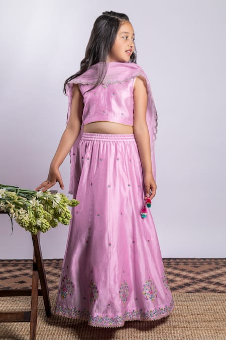 Boteh_Purple Chanderi Silk, Cotton Embroidery Floral Lehenga Set _Online_at_Aza_Fashions