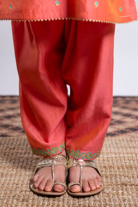 Buy_BOTEH_Orange Chanderi Silk, Cotton Embroidery Geometric Kurta Set _Online_at_Aza_Fashions