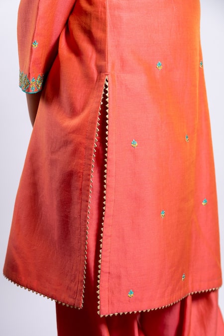 Shop_BOTEH_Orange Chanderi Silk, Cotton Embroidery Geometric Kurta Set _Online_at_Aza_Fashions