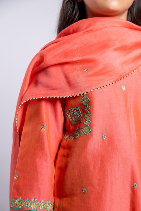 BOTEH_Orange Chanderi Silk, Cotton Embroidery Geometric Kurta Set _at_Aza_Fashions