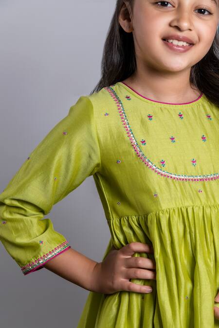 Boteh_Green Chanderi Silk, Cotton Embroidery Anarkali Set _Online_at_Aza_Fashions