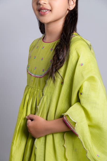 Buy_Boteh_Green Chanderi Silk, Cotton Embroidery Anarkali Set _Online_at_Aza_Fashions