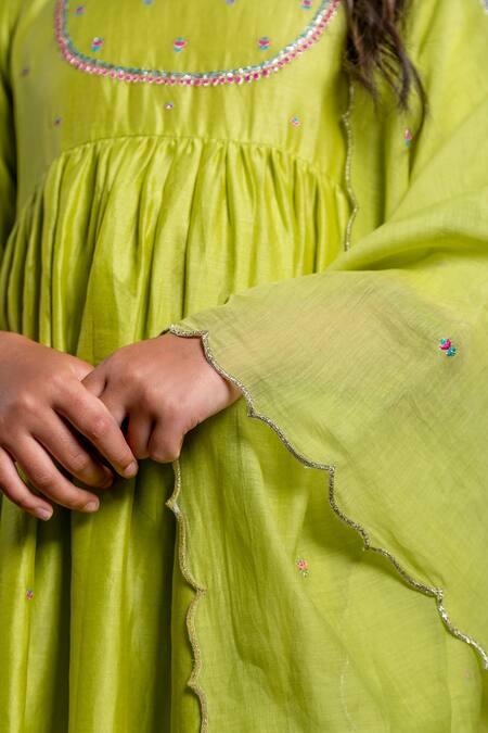 Boteh_Green Chanderi Silk, Cotton Embroidery Anarkali Set _at_Aza_Fashions