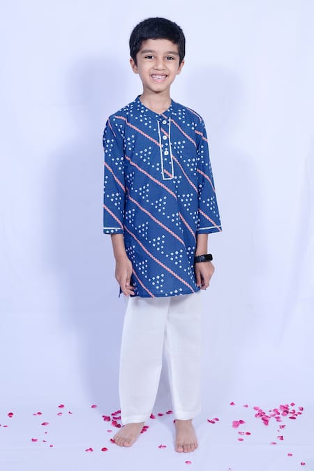 Pankhuri By Priyanka Blue Cotton Bandhani Print Kurta Set 