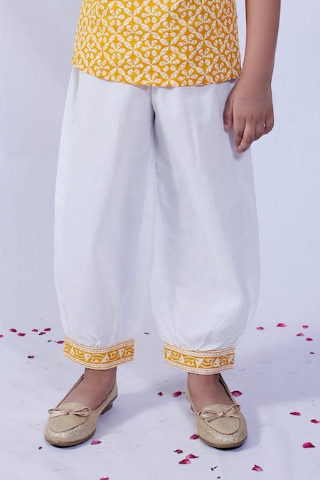 Pankhuri By Priyanka_Yellow Cotton Pom-poms Floral Pattern Top And Harem Pant Set _Online_at_Aza_Fashions