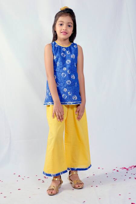 Pankhuri By Priyanka_Blue Cotton Embroidery Floral Print Kurta And Palazzo Set _Online_at_Aza_Fashions