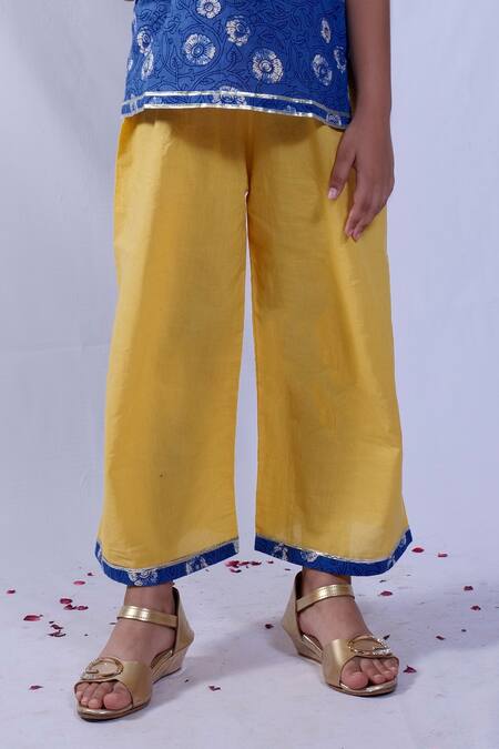 Shop_Pankhuri By Priyanka_Blue Cotton Embroidery Floral Print Kurta And Palazzo Set _Online_at_Aza_Fashions