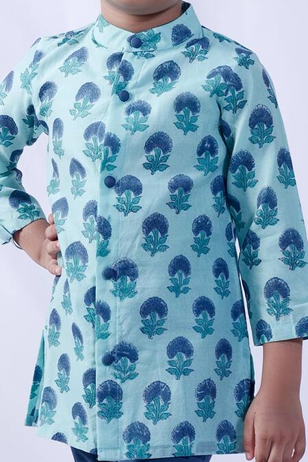 Pankhuri By Priyanka Blue Chanderi Floral Print Kurta And Pant Set Online at Aza Fashions Pankhuri By Priyanka_Blue Chanderi Floral Print Kurta And Pant Set _Online_at_Aza_Fashions