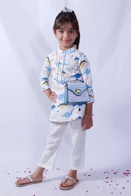 Pankhuri By Priyanka White Rayon, Cotton Embroidery Dinosaur Print Kurta And Pant Set 
