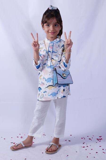 Pankhuri By Priyanka_White Rayon, Cotton Embroidery Dinosaur Print Kurta And Pant Set _Online_at_Aza_Fashions