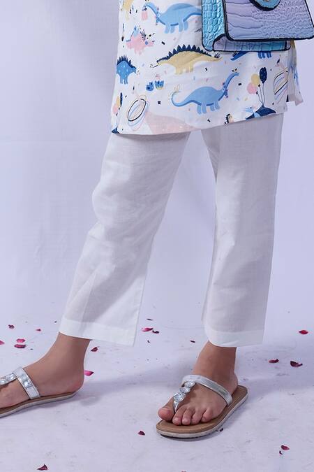 Shop Pankhuri By Priyanka White Rayon, Cotton Embroidery Dinosaur Print Kurta And Pant Set Online at Aza Fashions Shop_Pankhuri By Priyanka_White Rayon, Cotton Embroidery Dinosaur Print Kurta And Pant Set _Online_at_Aza_Fashions