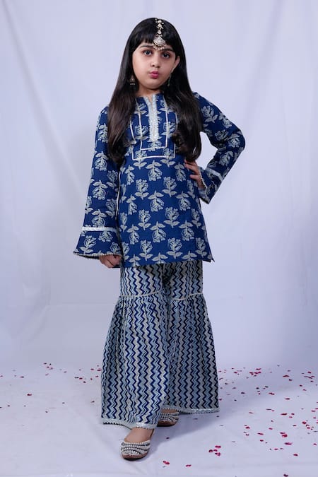 Pankhuri By Priyanka Blue Cotton Embroidery Floral Print Kurta And Sharara Set 