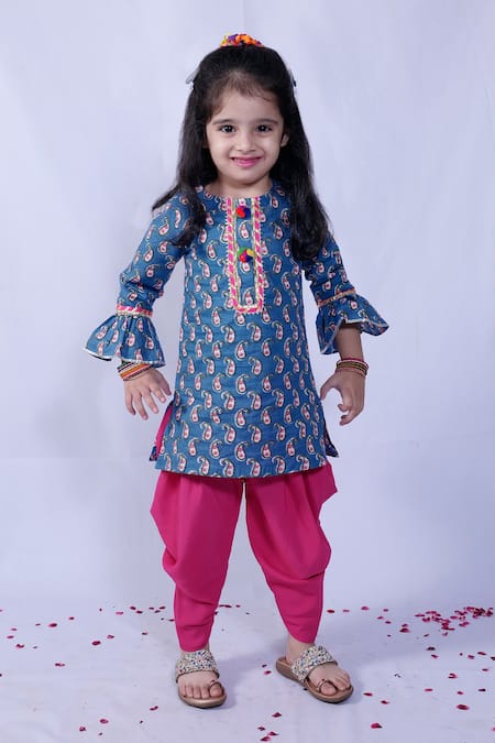 Shop Pankhuri By Priyanka Blue Cotton Pom-poms Paisley Print Kurta And Dhoti Set at Aza Fashions Shop_Pankhuri By Priyanka_Blue Cotton Pom-poms Paisley Print Kurta And Dhoti Set _at_Aza_Fashions