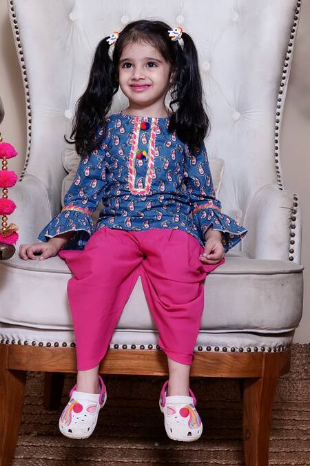 Shop Pankhuri By Priyanka Blue Cotton Pom-poms Paisley Print Kurta And Dhoti Set Online at Aza Fashions Shop_Pankhuri By Priyanka_Blue Cotton Pom-poms Paisley Print Kurta And Dhoti Set _Online_at_Aza_Fashions