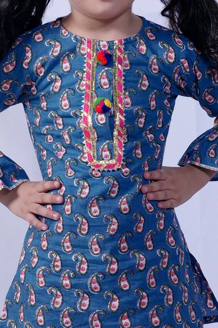 Pankhuri By Priyanka Blue Cotton Pom-poms Paisley Print Kurta And Dhoti Set at Aza Fashions Pankhuri By Priyanka_Blue Cotton Pom-poms Paisley Print Kurta And Dhoti Set _at_Aza_Fashions