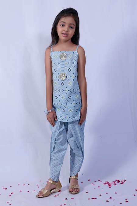 Pankhuri By Priyanka_Blue Cotton Embroidery Patola Print Kurta And Tulip Pant Set _Online_at_Aza_Fashions
