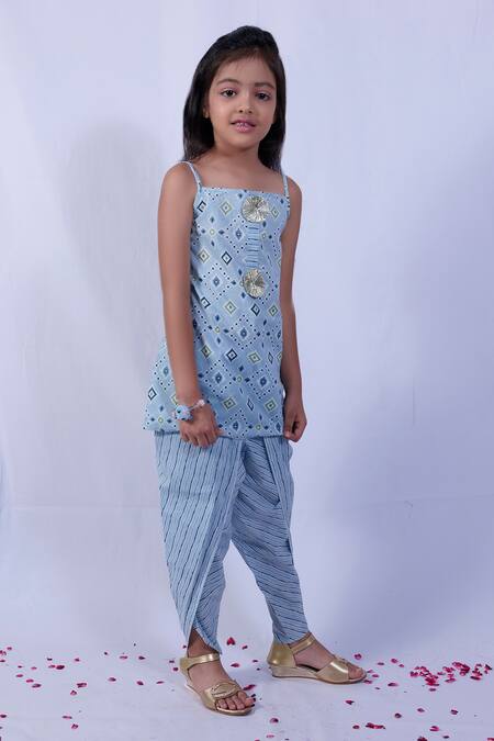 Shop Pankhuri By Priyanka Blue Cotton Embroidery Patola Print Kurta And Tulip Pant Set Online at Aza Fashions Shop_Pankhuri By Priyanka_Blue Cotton Embroidery Patola Print Kurta And Tulip Pant Set _Online_at_Aza_Fashions